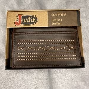 Justin Card Wallet Money Clip Genuine Leather Bootstitch Brown Front Pocket